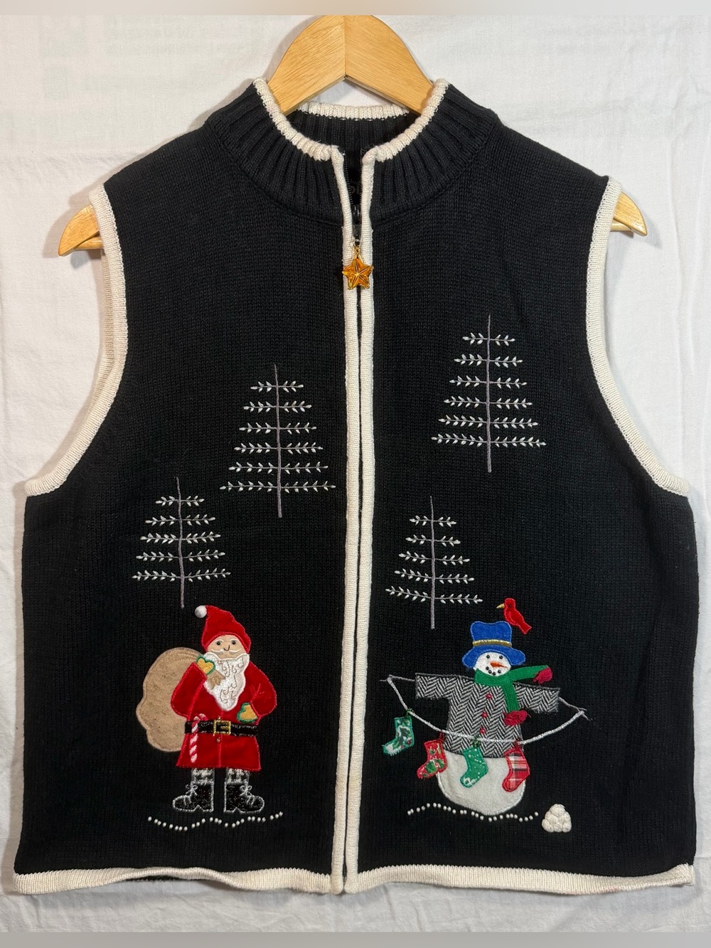 Designers Originals Black Zip-Up Holiday Sweater Vest with Santa & Snowman